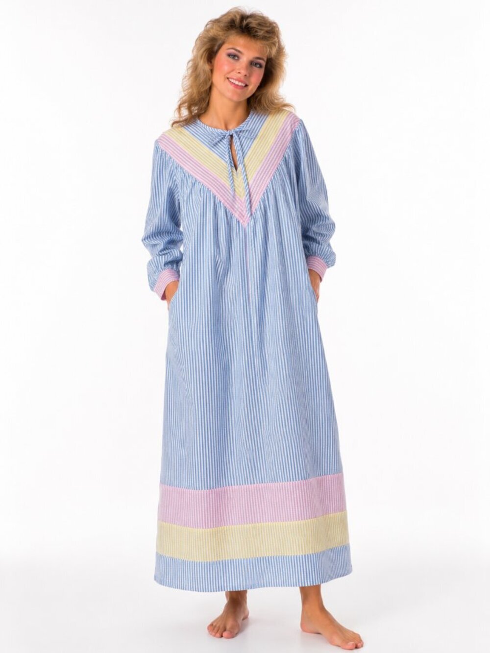 Pastel Cotton Seersucker Maxi House Dress Long Sleeve SAYBURY Large Vintage 70s